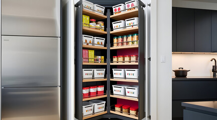 A modern pantry with neatly organized shelves filled with containers, showcasing a tidy and efficient storage solution in a stylish kitchen.