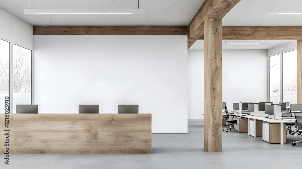 Poster Bright Minimalist and Airy Office Interior with Open Layout and Modern Workstations Designed for a Contemporary Professional Environment