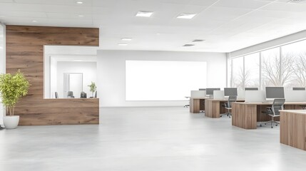 Fototapeta premium Sleek and Sophisticated Corporate Office Space with Ergonomic Workstations Arranged in a Professional and Inviting Layout with Blank Walls and Natural Lighting