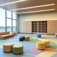 Modern Library Reading Room with Colorful Seating and Bookshelves