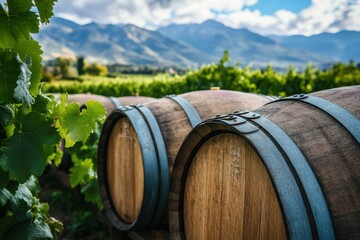 Obraz premium Old wine barrels surrounded by lush grape vines in picturesque vineyard landscape with mountains in background - captivating nature scene for wine enthusiasts