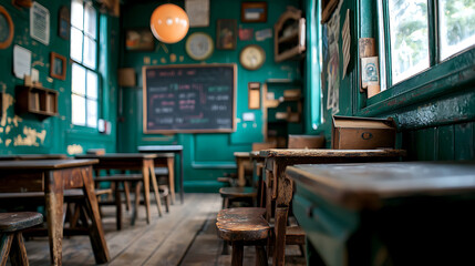 Old school classroom with wooden desks, chalkboard, and vintage decor. nostalgic atmosphere filled with learning and creativity