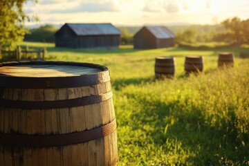Obraz premium Sunlit fields with old wooden barrels on a farm tranquil landscape viewpoint nature content emphasizing rustic charm and agricultural heritage