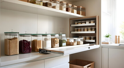 Fototapeta premium A modern kitchen pantry featuring organized jars of spices and grains, with a pull-out shelf for easy access and a clean aesthetic.