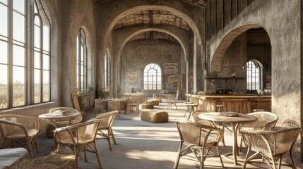Naklejka premium Rustic barn wedding reception setup with natural light and woven chairs creating a warm inviting atmosphere