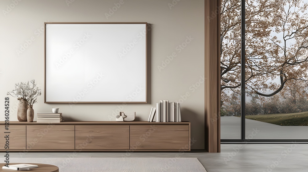Leinwandbilder tranquil and minimalist modern living space featuring a wooden cabinet and empty wall space providin