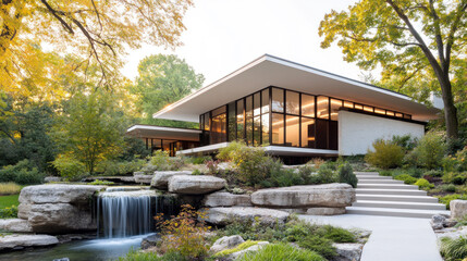 A modern house with large glass walls by waterfall