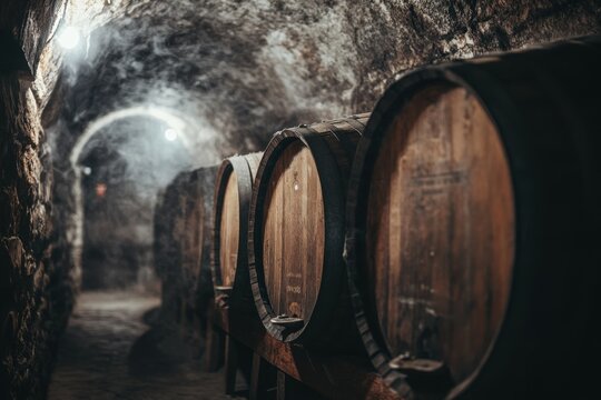 Aging vintage wine barrels in a dimly lit cella an atmospheric exploration of winemaking tradition location and craftsmanship captured in a serene environment