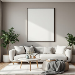 a white sofa with gray pillows, a round coffee table with a vase of flowers and a book, and two potted plants on either side of the sofa. Cozy modern living room with photo frame design