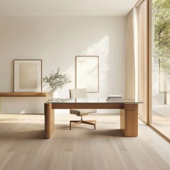 Modern Minimalist Home Office with Glass Desk and Wooden Accents.