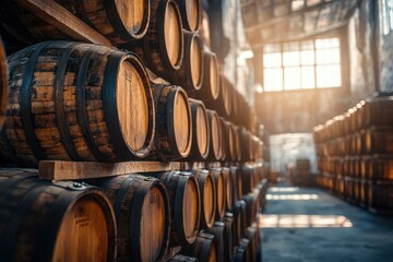 Whiskey barrels stacked in a warehouse distillery location indoor photography rustic environment close-up viewpoint highlighting standard craftsmanship