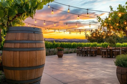 Sunset gathering with wine barrels rustic patio outdoor event serene vineyard inviting atmosphere relaxing evening concept