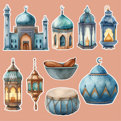Eid Al Fitr sticker set vector illustration with watercolor style. Mosque, lantern, date fruit. Eid celebration. Cartoon sticker, Happy Eid Mubarak. Ramadan Kareem. Happy Ramadan. Islamic design.