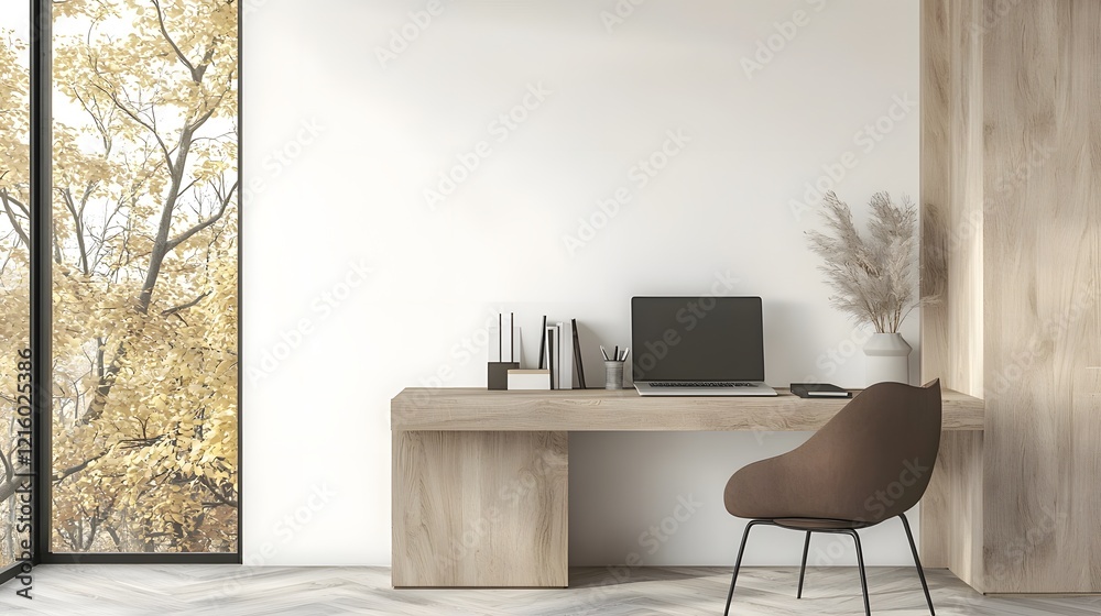 Leinwandbilder clean and functional workspace with wooden desk and neutral wall background designed for efficiency 