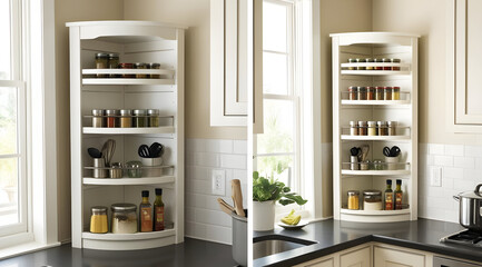 A stylish corner cabinet filled with jars and spices, enhancing kitchen organization and aesthetics with a modern design.
