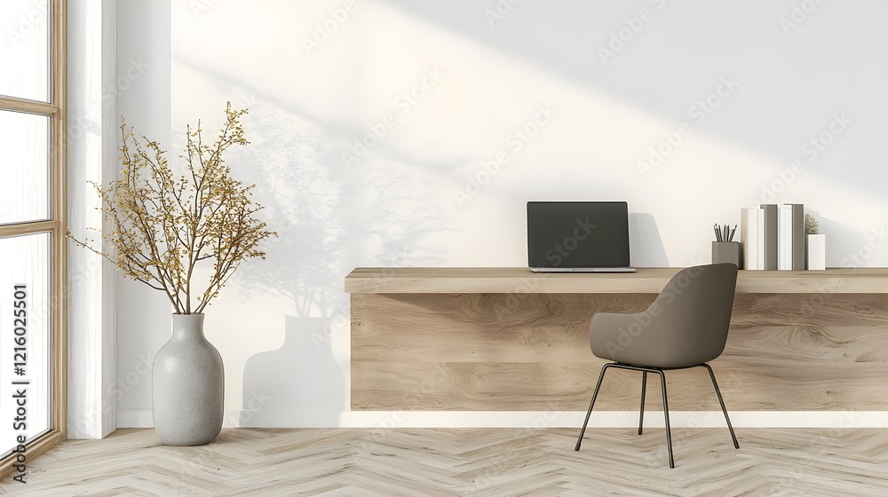 Aufkleber minimalist and spacious wooden desk setup with blank wall offering a sleek and stylish work environm