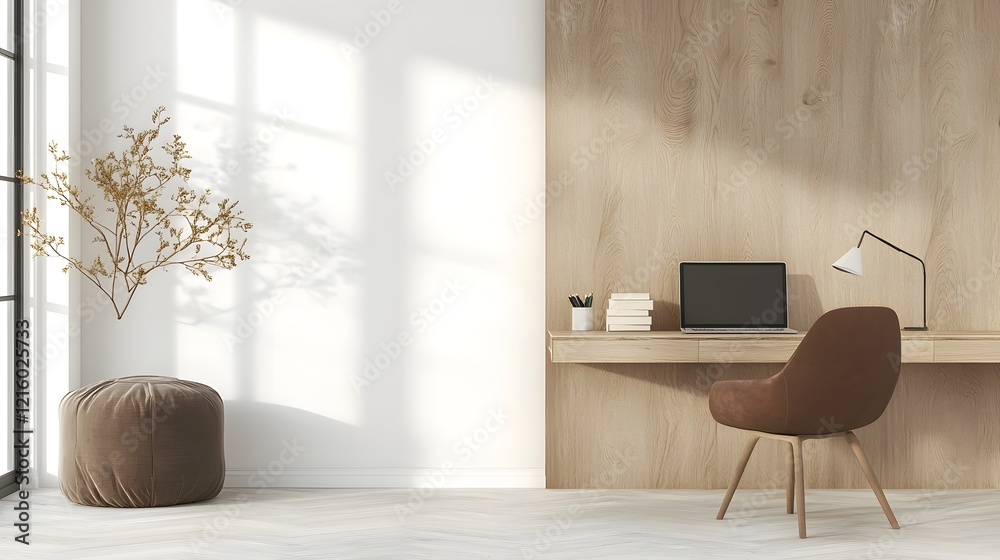 Poster minimalist and uncluttered wooden desk in a serene and natural lit office space ideal for focused an