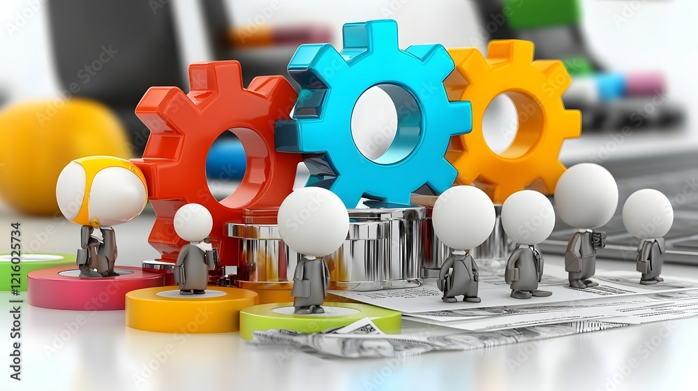Poster Cartoon Characters Collaborating on Business Planning and Strategies in Office Setting  Team of Colorful 3D Figures Working Together on Data Analysis Idea Corporate Success
