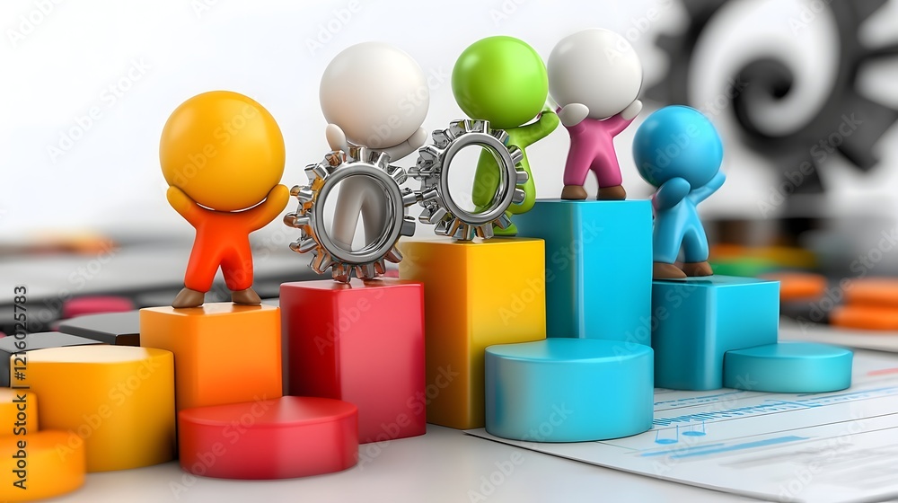 Poster Group of Colorful 3D Cartoon Characters Working Together on Business Planning Analyzing Data and Creating Strategies in an Office Environment Background