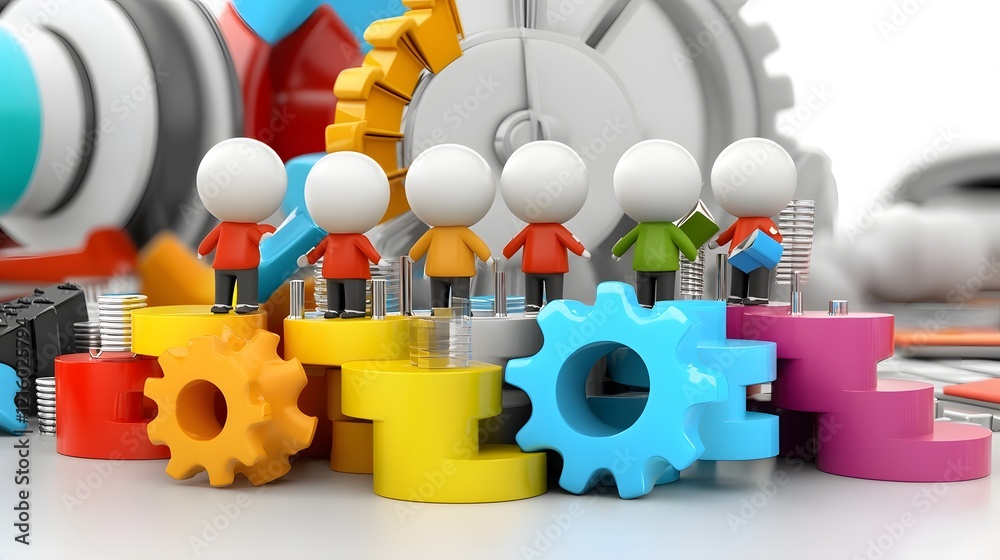 Poster 3D of Teamwork Cartoon Characters Brainstorming and Collaborating on a New Business Strategy with Charts and Graphs in a Creative Modern Workspace Background