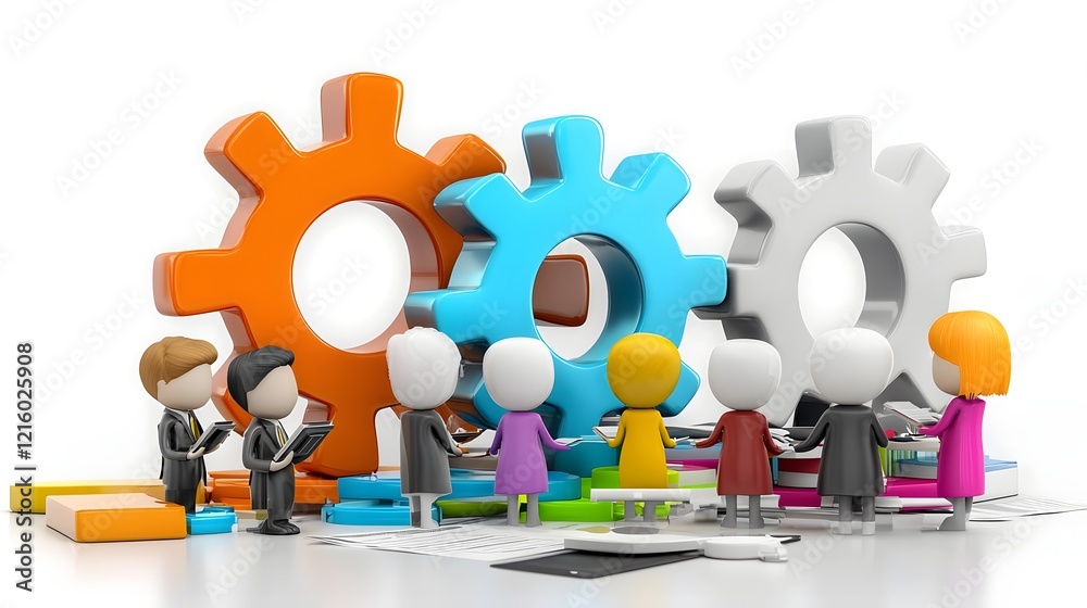 Poster A group of creative 3D cartoon characters enthusiastically discussing and planning innovative business strategies  showcasing teamwork  and a dynamic