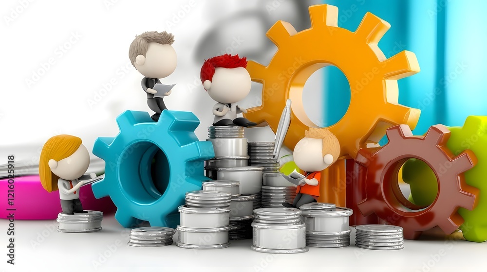 Leinwandbilder Colorful 3D Cartoon Characters Collaborating and Planning Innovative Business Strategies and Solutions in a Vibrant Dynamic Meeting Background Setting