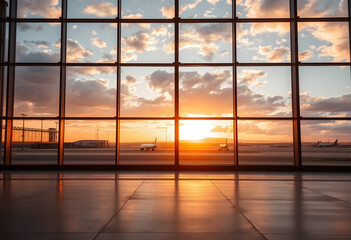 airport terminal, floor-to-ceiling windows, dramatic sunset, orange sky, silhouette of airplane, reflective floor, golden hour, panoramic view, architectural photography, empty waiting area, modern in
