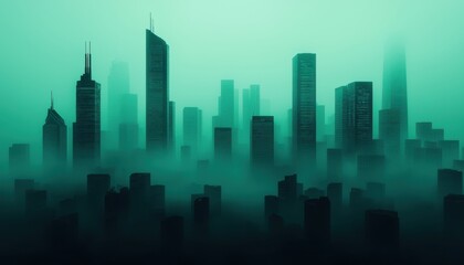 PM2.5 air pollution concept. Mysterious city skyline shrouded in fog and illuminated by a green hue.