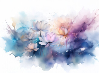 Delicate watercolor painting of lotus flowers. Soft pastel colors blend into an abstract, colorful background.  The flowers are serene and peaceful.