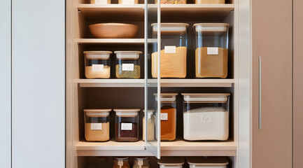 A modern pantry filled with organized jars containing various ingredients, showcasing a clean and minimalist design.
