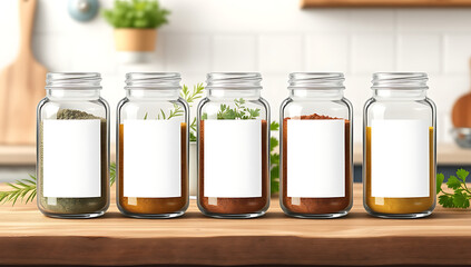 "Unbranded Kitchen Spice Jars with Blank Labels" &ndash; A mockup featuring a set of unbranded glass spice jars with blank, minimalist labels, arranged on a kitchen counter with herbs in the background.
