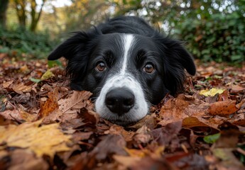 Close-Up of a Black and White Dog Relaxing Among Colorful Autumn Leaves in a Serene Forest Setting with Warm Fall Colors and Natural Light