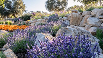 Fototapeta premium Vibrant lavender flowers bloom in a wild garden setting.