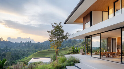 A modern house with large glass walls by rice fields and terraces