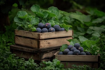 Freshly Harvested Organic Figs and Green Leafy Vegetables in Wooden Crates Surrounded by Lush Greenery and Nature's Bounty