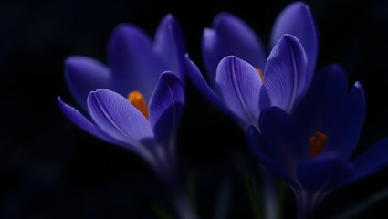 Fototapeta premium Delicate violet crocus flowers, glowing softly against a dark background, showcasing their rich purple hue and intricate petals, evoking serene beauty.
