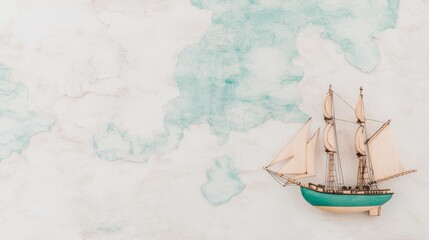 Wooden Sailing Ship on Watercolor Map Background