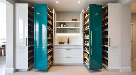 A modern pantry with stylish teal doors and organized shelves, showcasing a minimalist design and efficient storage solutions.