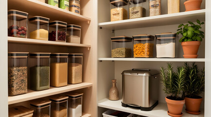 A well-organized pantry showcasing neatly arranged containers filled with various spices, grains, and herbs, complemented by potted plants and a small kitchen appliance.