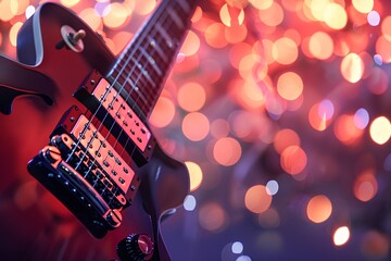 Electric guitar lying down, with red and purple bokeh lights in the background, ready for a...