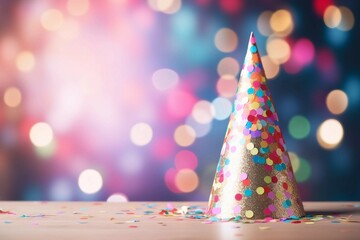 Colorful Party Hat with Confetti and Bokeh Lights 