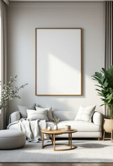 a white sofa with a wooden coffee table in front of it, accompanied by a large blank picture frame hanging on the wall above the sofa. Cozy modern living room with photo frame design
