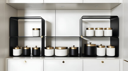 Modern shelving unit displaying a stylish arrangement of containers in black and white, featuring elegant gold lids.