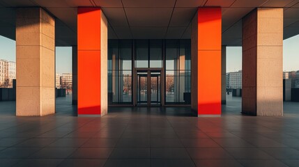 Modern architectural design showcasing a bold use of color with striking red columns and sleek glass windows in a contemporary urban setting during golden hour.