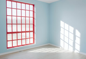 Empty room, bright sunlight, white walls, wooden parquet floor, large window, potted plant, minimalist interior, clean space, natural lighting, shadows on wall, modern design, spacious, corner view, t