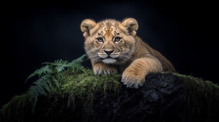 Obraz premium Young Lion Cub Resting on Mossy Rock at Night