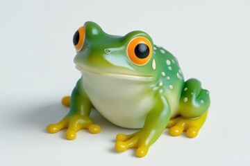 Obraz premium A Green Frog Figurine With Yellow Toes Sits On White