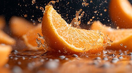 Juicy orange segment splashing in water.  Background dark, other segments. Use food, drink, health