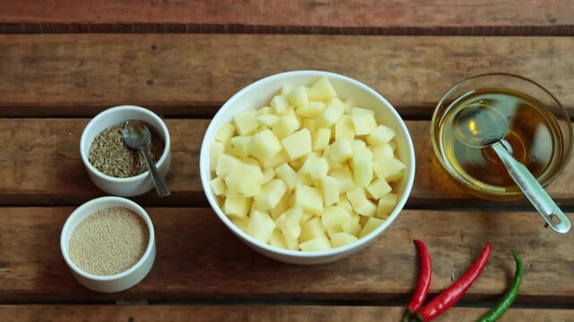 chopped potato, poppy seeds or posto, cumin seeds or jeera, chilli and musturd oil