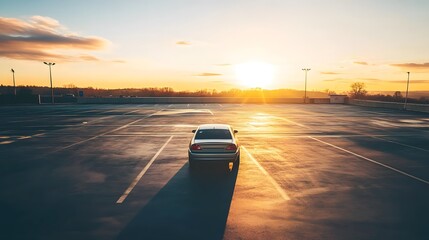 Empty car dealership lot at sunset, showcasing a serene and quiet atmosphere with no vehicles or customers, reflecting the end of a business day and the transition to evening calm